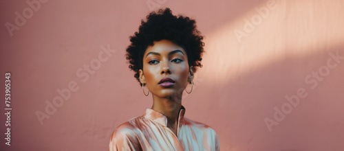 beautiful dark skin poc african american woman in magazine stir editorial shot for fashion beauty hair salon advertisement copy space warm bright sunlight background  photo