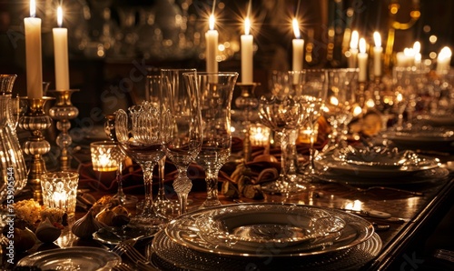 Close-up image showcasing the exquisite details of a candlelit dining table set for an evening dinner party