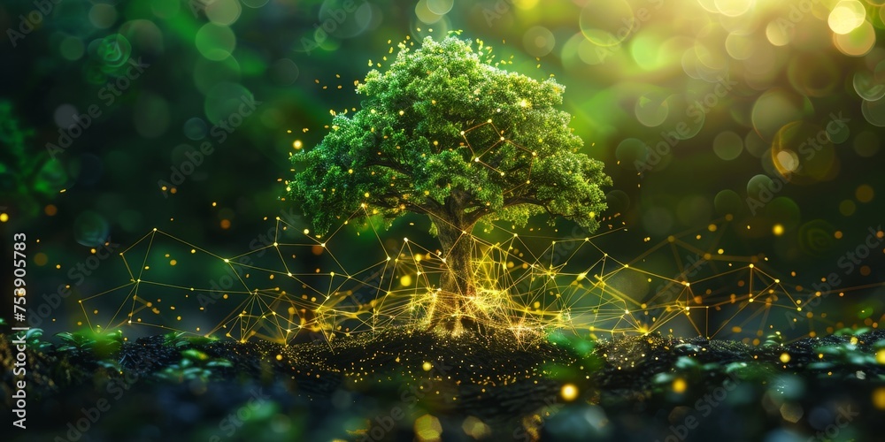 A tree is surrounded by a network of lines and dots A tree is surrounded by a network of lines and dots
