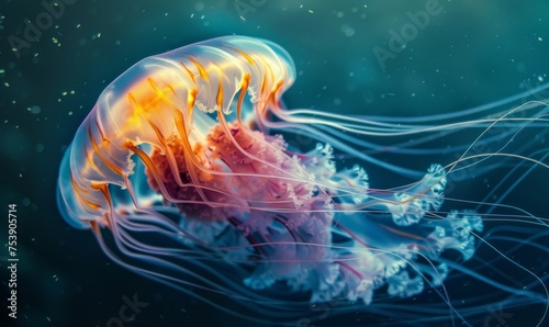 Jellyfish in a macro photograph, capturing its delicate tentacles and ethereal glow as it gracefully moves through the water