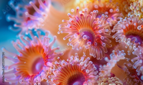 Colorful coral polyp in a macro photograph, showcasing the delicate structures and vibrant hues that make up these essential habitats for marine life