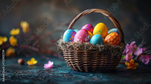 Easter decoration colorful eggs on dark background with copy space. Beautiful colorful easter eggs in basket. Happy Easter. 