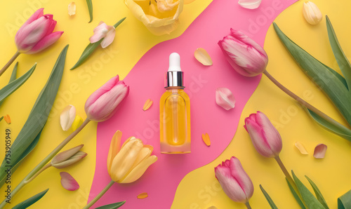 essential oil or serum in a glass bottle with dropper surrounded by fresh tulips on a vibrant yellow and pink background