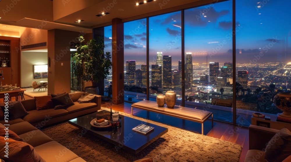 Luxury apartment with views of downtown Los Angeles at night in high resolution and high quality. housing concept