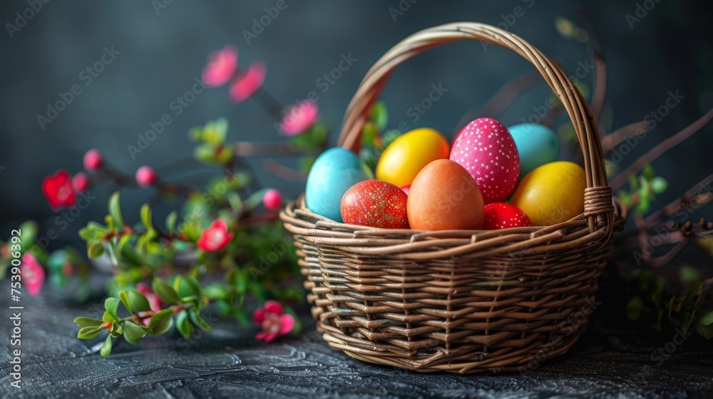 Easter decoration colorful eggs on dark background with copy space. Beautiful colorful easter eggs in basket. Happy Easter.	