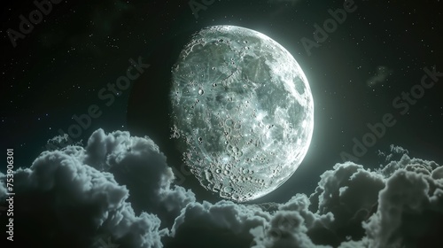 Stunning View of Full Moon with Craters in Dark Night Sky with Clouds Outdoors. Moon gazing with friends in nature during night time. Aesthetic astronomy concept. photo