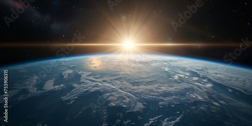 The sun is shining on the Earth, creating a beautiful and serene scene