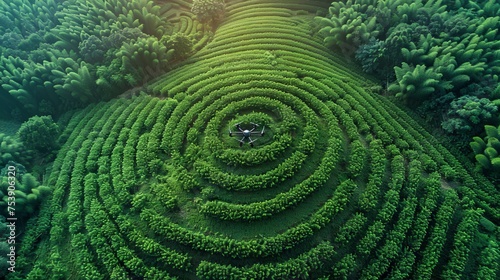 A green maze with a drone in the center. Shooting from a height with a wide-angle camera