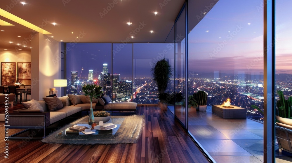 Luxury apartment with views of downtown Los Angeles at night in high resolution and high quality. housing concept,apartment,city,Los Angeles, United States,luxury,home,furniture
