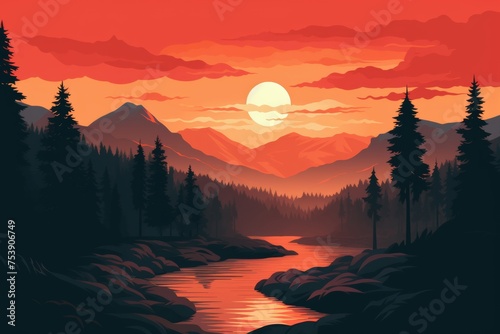 sunset in the mountains flat illustration duotone landscape