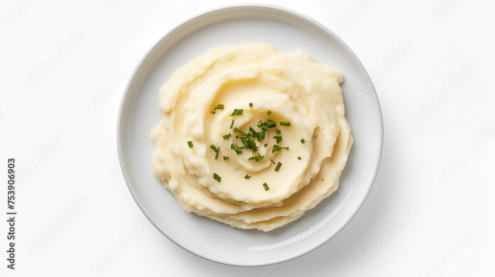 SIDES ,WHIPPED POTATO PUREE , on a white round plate, on a white background, top view