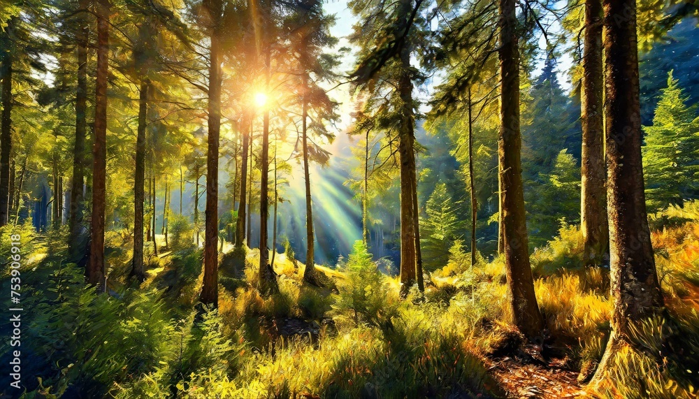 Obraz premium A picture taken from a forest with the sun shining through the trees, beautiful forest,