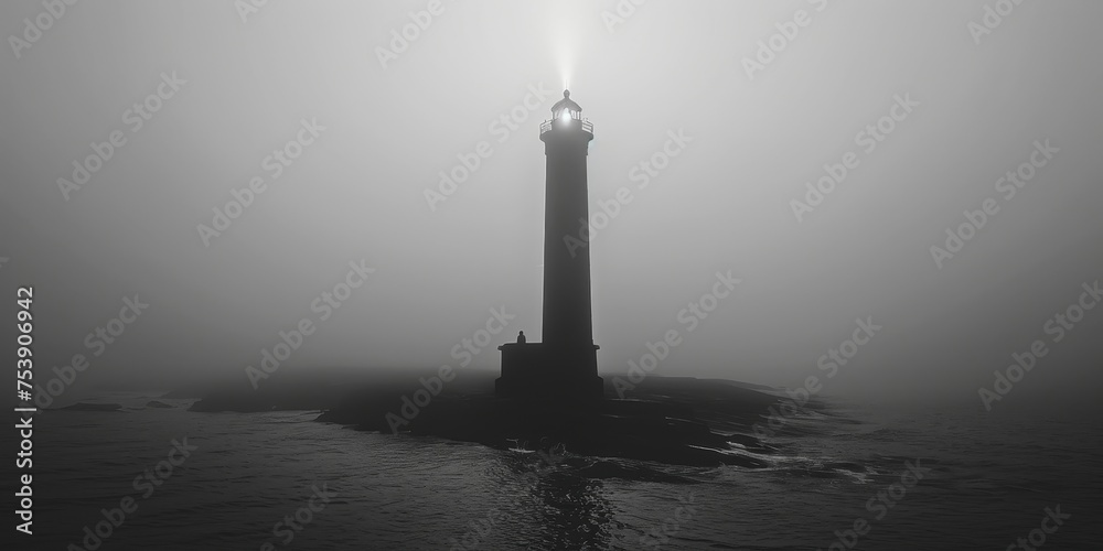 A lighthouse is standing on a rocky shore in the fog