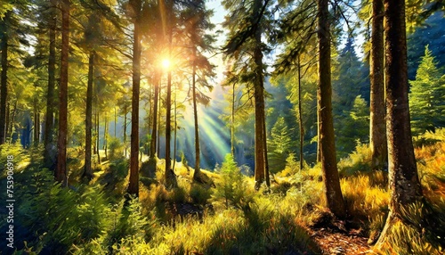 A picture taken from a forest with the sun shining through the trees  beautiful forest 