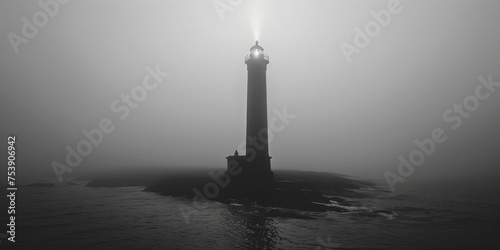 A lighthouse is standing on a rocky shore in the fog