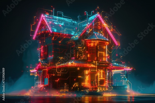 animated house with neon glow behind it