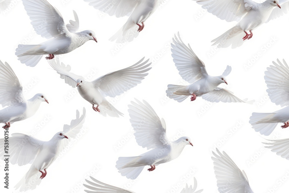 Obraz premium pattern of white doves in flight over a white background