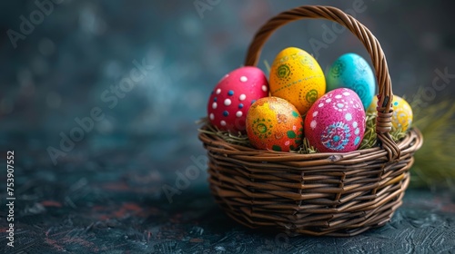Easter decoration colorful eggs on dark background with copy space. Beautiful colorful easter eggs in basket. Happy Easter. 