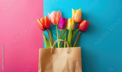 vibrant tulip flowers popping out of a brown paper shopping bag on pink and blue background #753908139