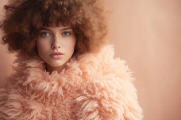 Crédence de cuisine Pantone 2024 Peach Fuzz woman in soft pastel peach fuzz color fluffy sweater closeup portrait. Fashion and style trend.   © Dina