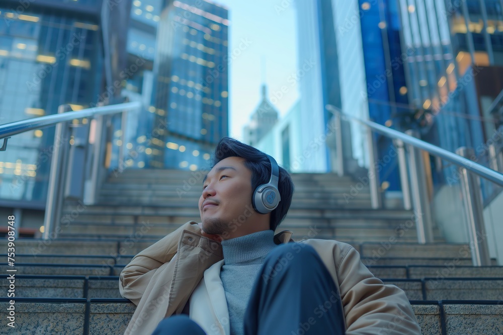 Fototapeta premium A smart businessman sits on stairs wearing headphones, engrossed in his music.