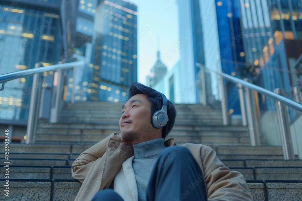 A smart businessman sits on stairs wearing headphones, engrossed in his music.