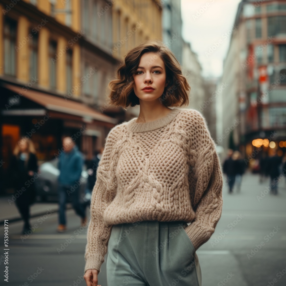young beautiful woman in vintage knitted or crochet clothes walking the street in European town. Fashion and travel in style concept.