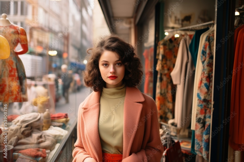 Fototapeta premium young woman in cyberpunk style vintage shopping in Berlin. Retro second hand store fashion retail.