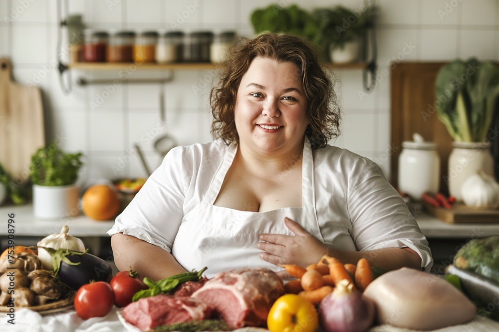A happy plus-size woman standing in a kitchen surrounded by a variety of fresh fruits and vegetables. A happy plus-size woman standing in a kitchen surrounded by a variety of fresh fruits and vegetables.