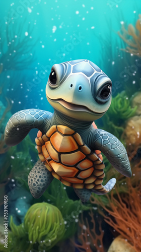 Underwater Cartoon Sea Turtle Swimming Amongst Bubbles 