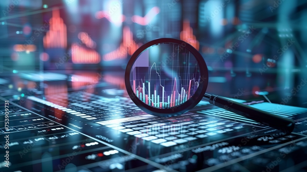 Magnifying glass over stock charts, graphs, and data visualizations ...