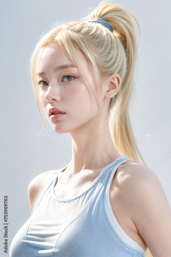 Fototapeta premium Gorgeous Young Female Sports Model - Active Woman - Beauty with Perfect Fine Features - Beautiful Smooth Hair - Model for Sportswear