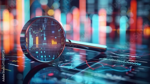 Magnifying glass over stock charts, graphs, and data visualizations, presented in the distinct framing and performance, accumulative process, stock market or cryptocurrency investing concept.