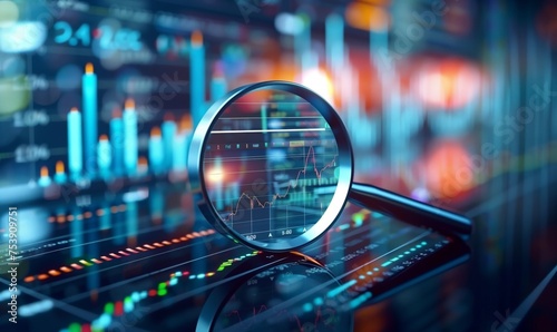 Magnifying glass over stock charts, graphs, and data visualizations, presented in the distinct framing and performance, accumulative process, stock market or cryptocurrency investing concept. photo