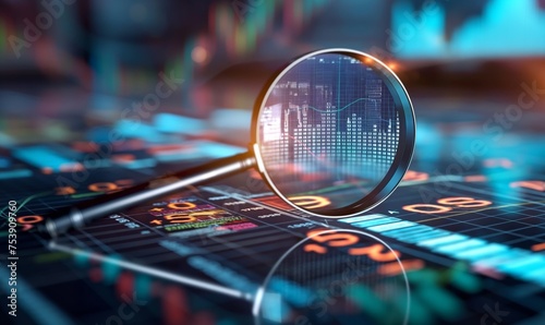 Magnifying glass over stock charts, graphs, and data visualizations, presented in the distinct framing and performance, accumulative process, stock market or cryptocurrency investing concept. © James Ellis