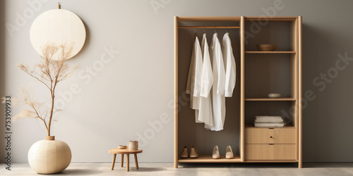 Minimally styled japandi scandi style room with an open wardrobe, beige tones, and white shirts convey a serene Japandi aesthetic. ideal for themes on simplicity, minimalism, and Zen living. © Silga