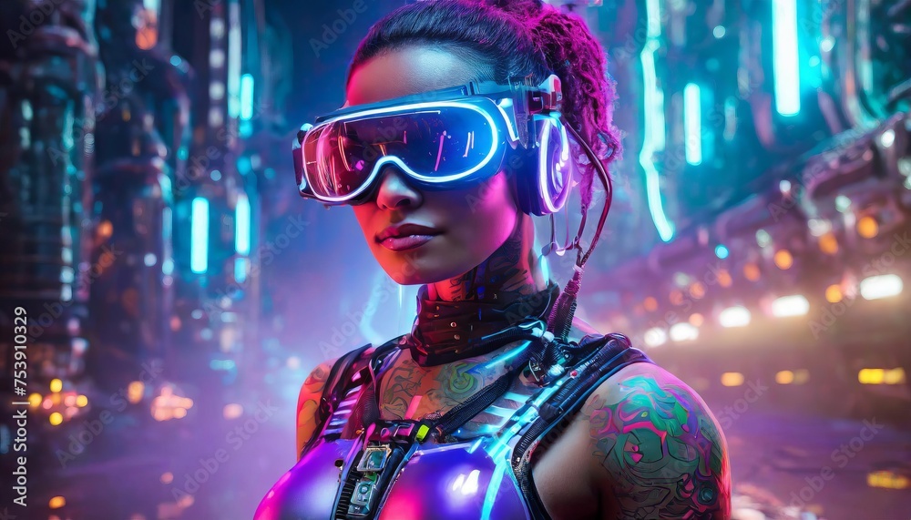 Generated image of cyberpunk character with augmented reality implants and glowing tattoos