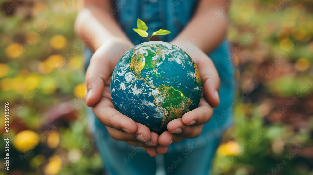 Earth Day hands holding a green planet with leaves Earth Day hands holding a green planet with leaves