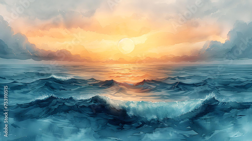 Watercolor sunrise over the sea © Annette