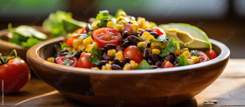 A wooden bowl filled with colorful and fresh salad ingredients is placed on top of a table. The vibrant vegetables are neatly arranged, creating a visually appealing display. A wooden bowl filled with colorful and fresh salad ingredients is placed on top of a table. The vibrant vegetables are neatly arranged, creating a visually appealing display.