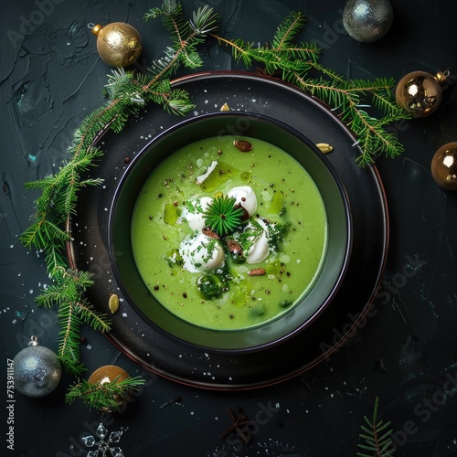 Beautiful Slimming Green Soup, Or Cream Soup With Sour Cream And Greens On A Beautiful Dark Background With Decorations, Top View photo