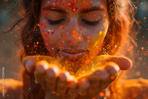 Holi Festival. A serene moment captured as a woman gently blows orange Holi powder from her hands, surrounded by a vibrant cloud of color.
