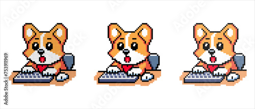 pixel art vector icon with a corgi dog typing on a computer with a surprised look on a white background