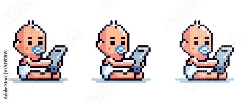 vector pixel art icon of a baby with a pacifier playing with a phone on a white background