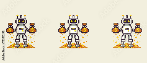 vector pixel icon with a robot holding gold in his hands, he stands on gold on a white background