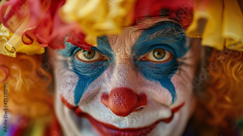 Closeup portrait of colorful circus clown with a wig. 