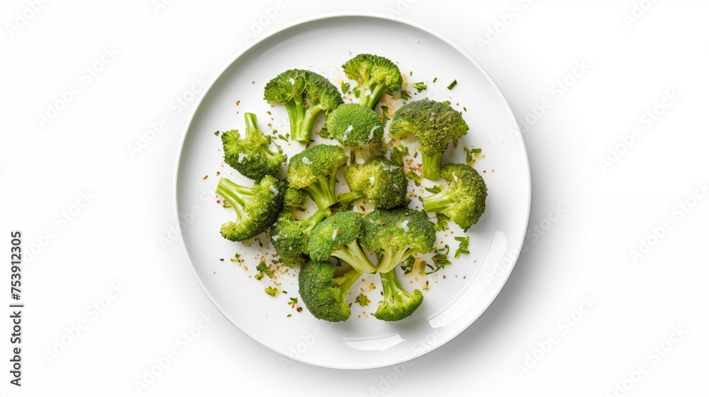 Image displaying SAUTEED BROCCOLI cooked with GARLIC and OIL on a white round plate against a white background, top view Image displaying SAUTEED BROCCOLI cooked with GARLIC and OIL on a white round plate against a white background, top view