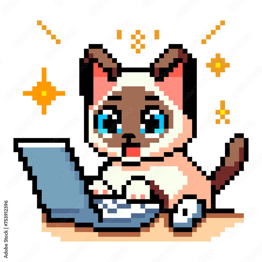 pixel art icon with Siamese cat typing on a computer with a surprised face on a white background