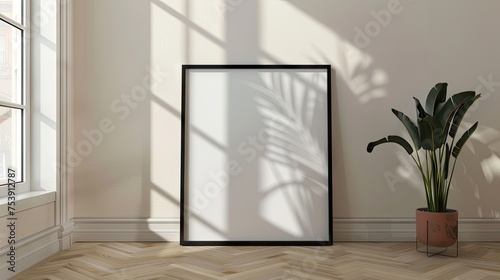 Blank Black Poster Frame On Light Wooden Floor, Empty Picture Frame Mockup, Blank Vertical Frame