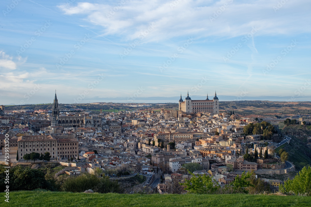 View of the medieval historic city of Toledo at sunset, in Spain